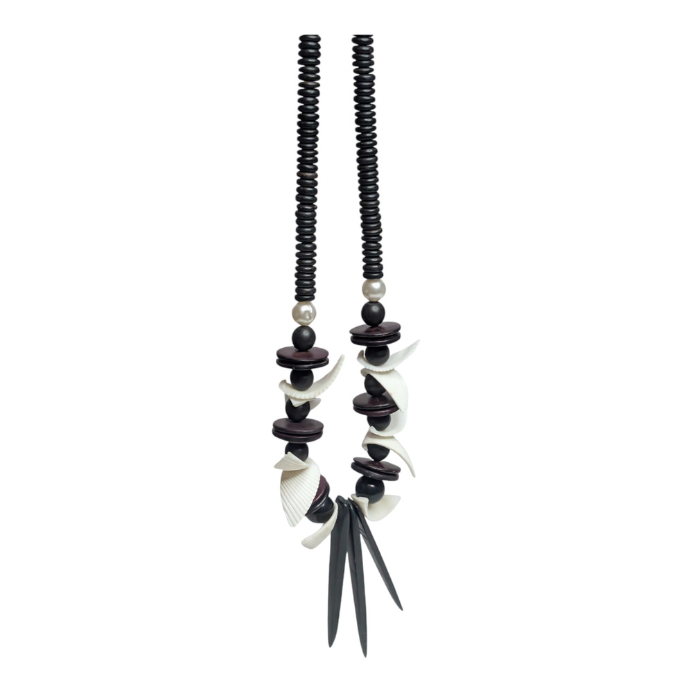 Tribal‎ Statement Necklace 15in Wood Shell Spike Beads Boho Ethnic Black White - Picture 6 of 7